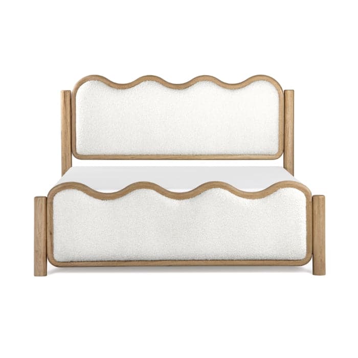 Swirl Queen Bed, shown in cream white and light natural oak with wood, bouclé fabric, and upholstered headboard.