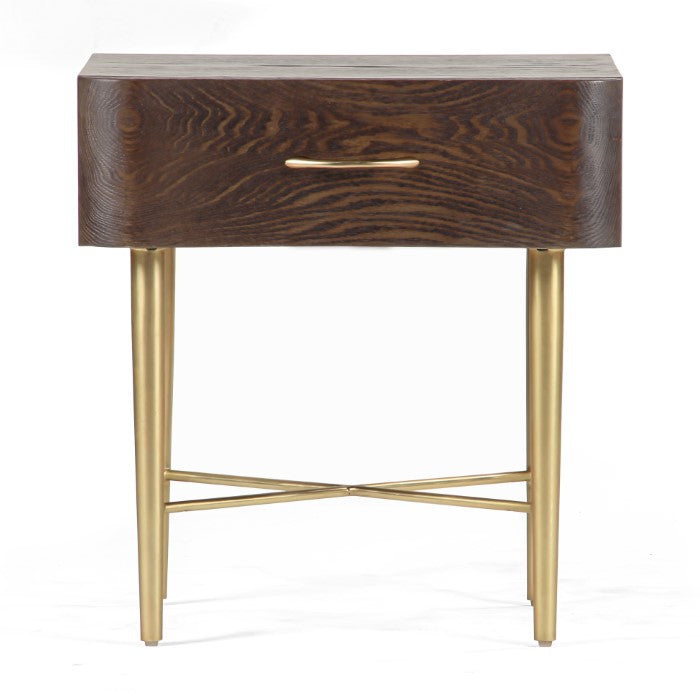 Flora Oak Nightstand, shown in dark brown and brass gold with oak wood, metal, and single full-width drawer.