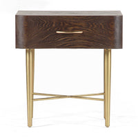 Flora Oak Nightstand, shown in dark brown and brass gold with oak wood, metal, and single full-width drawer.