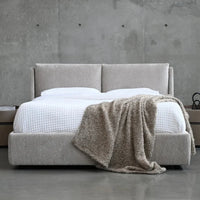 Alternate view of Continental bed, featuring textured finish, bouclé, textile, and integrated storage.