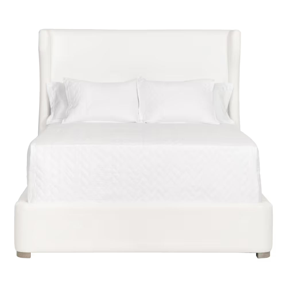 Balboa Bed, shown in white with upholstery fabric, wood, and tall upholstered wing headboard.