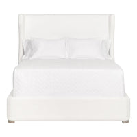 Balboa Bed, shown in white with upholstery fabric, wood, and tall upholstered wing headboard.