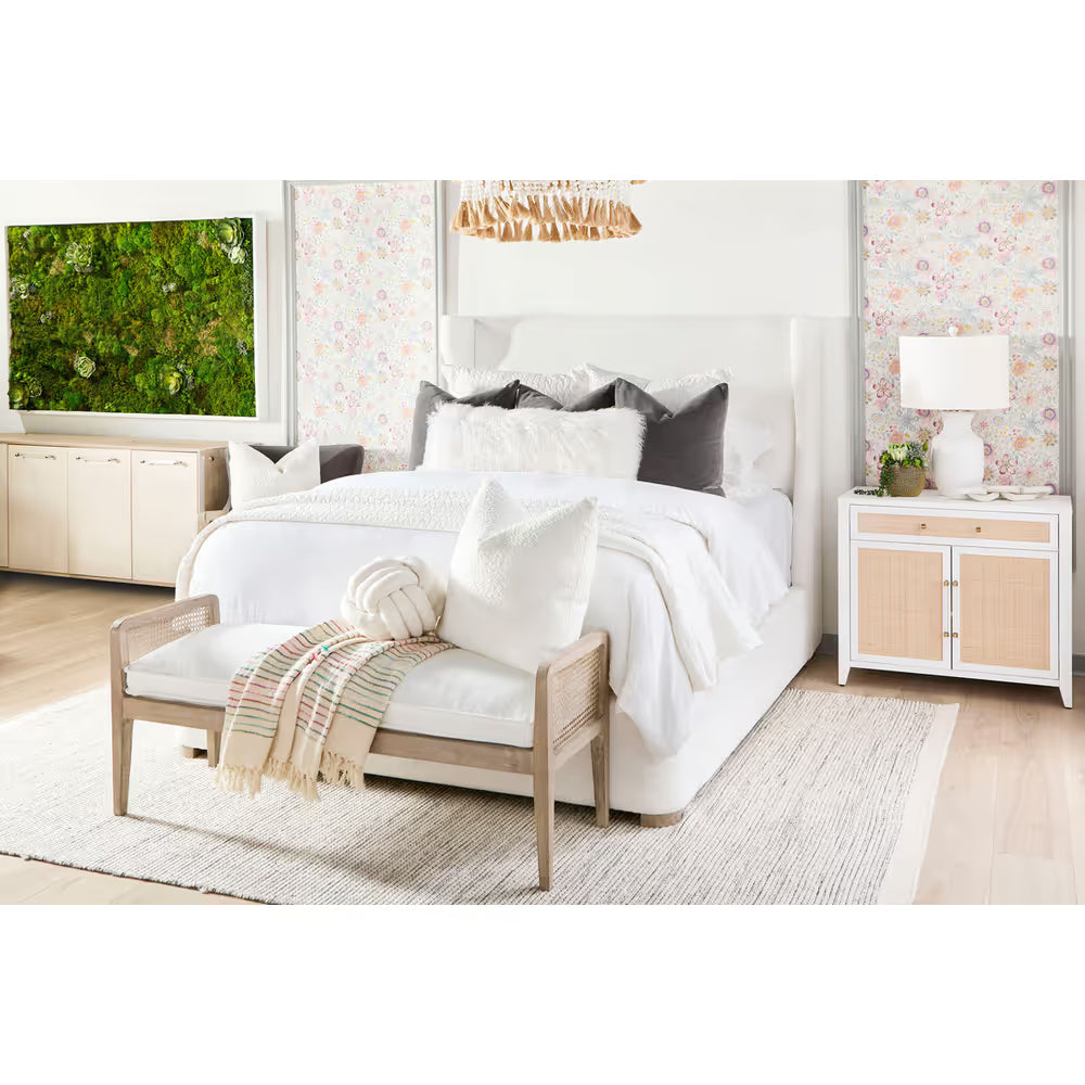 Additional view of Balboa Bed in white and light wood, featuring tall upholstered wing headboard.