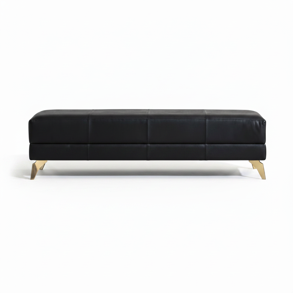 Berkeley End-Of-Day Bench, shown in black with leather, metal, and fixed angled metal legs.