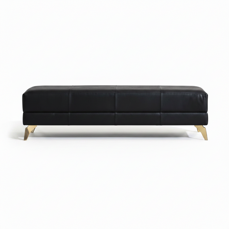 Berkeley End-Of-Day Bench, shown in black with leather, metal, and fixed angled metal legs.