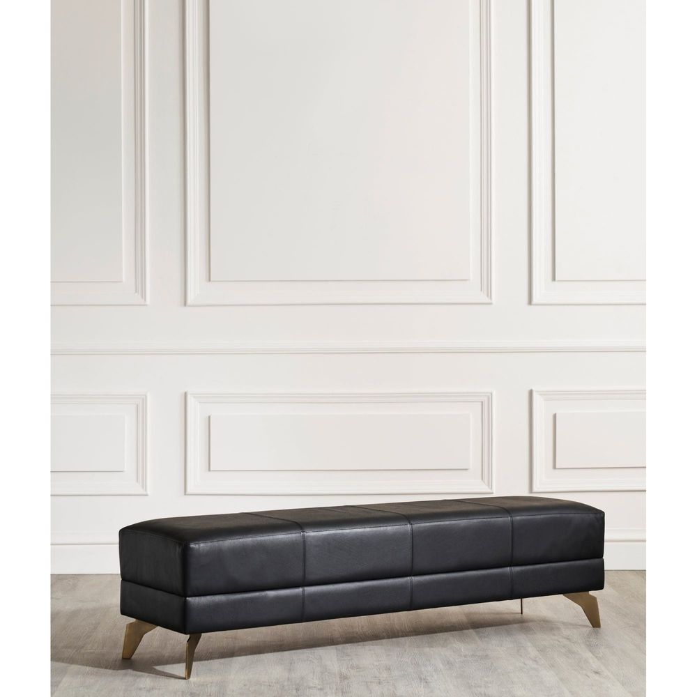 Additional view of Berkeley End-Of-Day Bench in black and brass gold, featuring fixed angled metal legs.