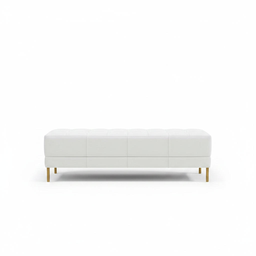 Berkeley End-Of-Day Bench, shown in white with leather, metal, and fixed tapered metal legs.