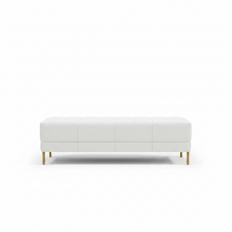 Berkeley End-Of-Day Bench, shown in white with leather, metal, and fixed tapered metal legs.