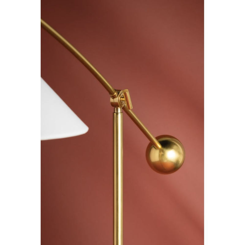 Alternate view of Birdie Floor Lamp, featuring polished finish, metal, fabric, and adjustable pivoting boom arm.