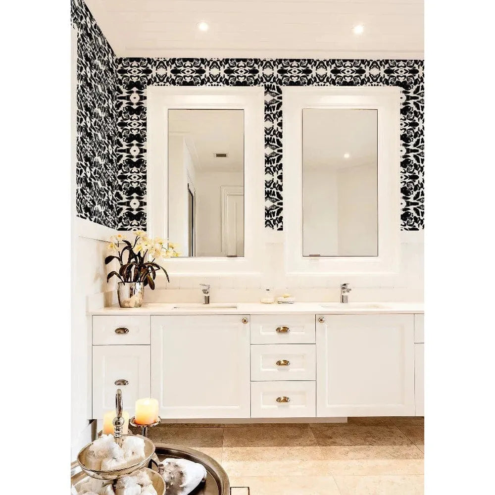 Morocco Wallpaper, shown in black and white with wallpaper and paper.