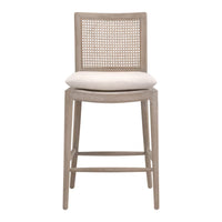 Blume Counter Stool, shown in light taupe and warm beige with wood, cane, and counter-height stool.