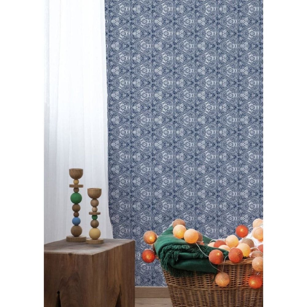 Hex B Wallpaper, shown in navy blue and white with paper and wall-covering sheet with continuous seamless repeat.