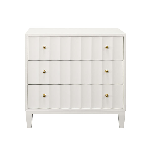 Three Drawer Side Table With Fluted Detail In Matte White Lacquer, shown in white with wood and lacquer.