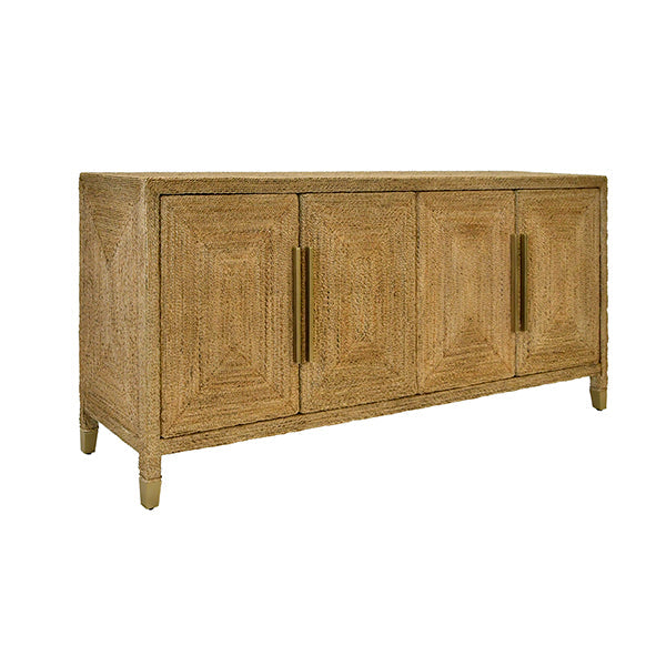 Alternate view of Four Door Buffet With Satin Brass Hardware And Foot Caps In Wrapped Rope in natural tan and beige.