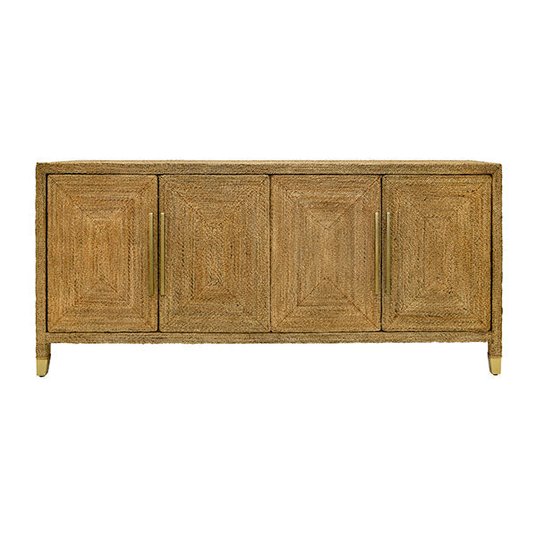 Four Door Buffet With Satin Brass Hardware And Foot Caps In Wrapped Rope in natural tan and beige.