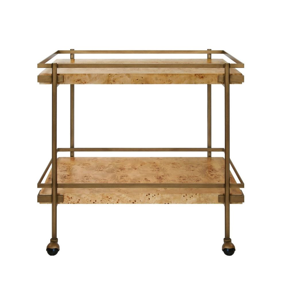 Cash - Antique Brass Bar Cart With Shelves In Burl Wood with burl wood, brass-finished metal, and two fixed open shelves.