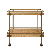 Cash - Antique Brass Bar Cart With Shelves In Burl Wood with burl wood, brass-finished metal, and two fixed open shelves.
