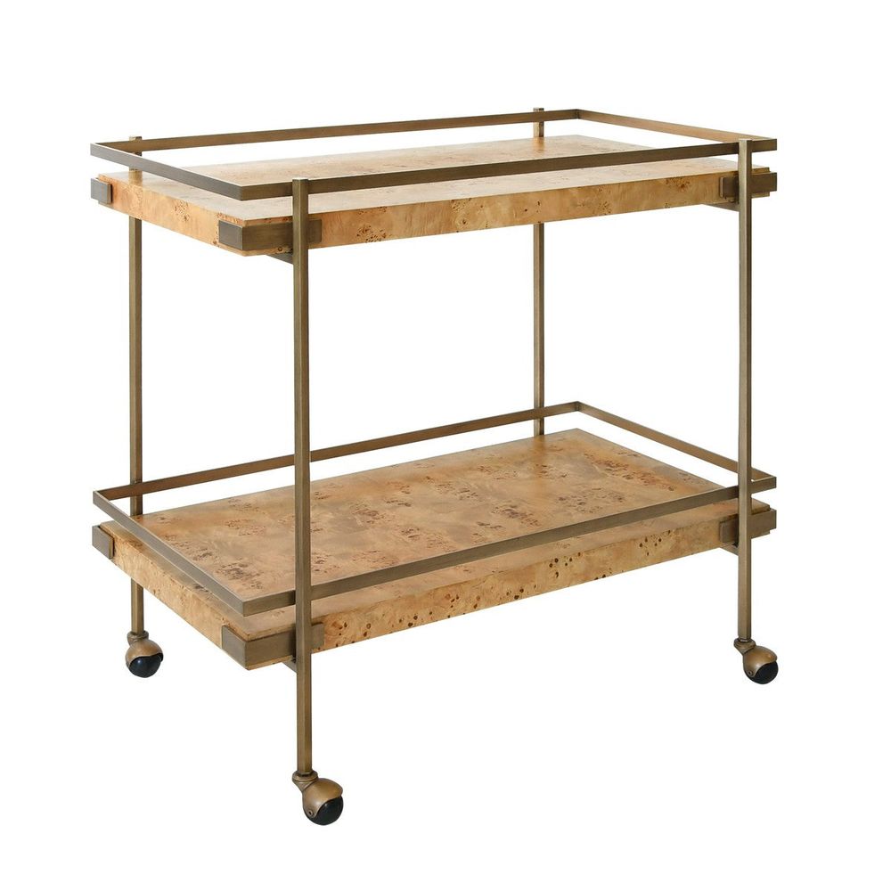 Alternate view of Cash - Antique Brass Bar Cart With Shelves In Burl Wood in antique brass gold and light burl wood tan.
