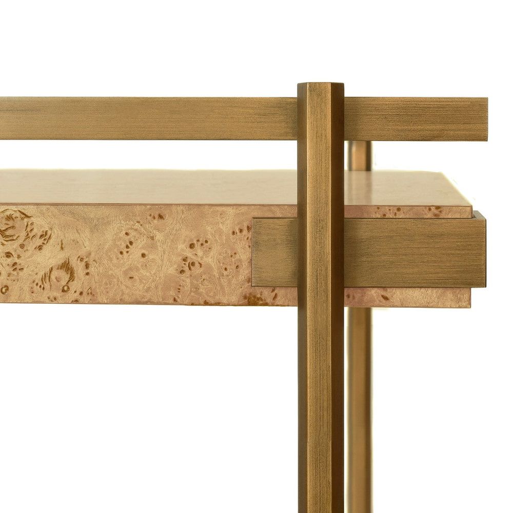 Additional view of Cash - Antique Brass Bar Cart With Shelves In Burl Wood in antique brass gold and light burl wood tan.