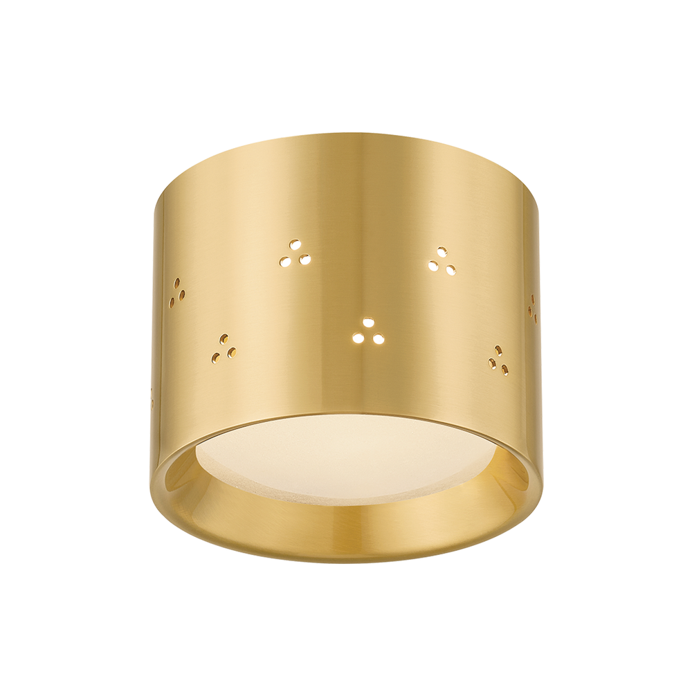 Edisto Flush Mount, shown in brass gold and warm yellow-gold with metal and frosted glass or acrylic diffuser.
