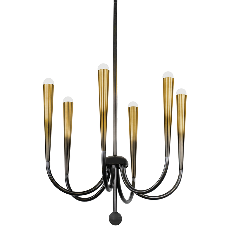 Adley Chandelier, shown in black and antique brass with metal, glass, and ceiling-hung suspension rod.
