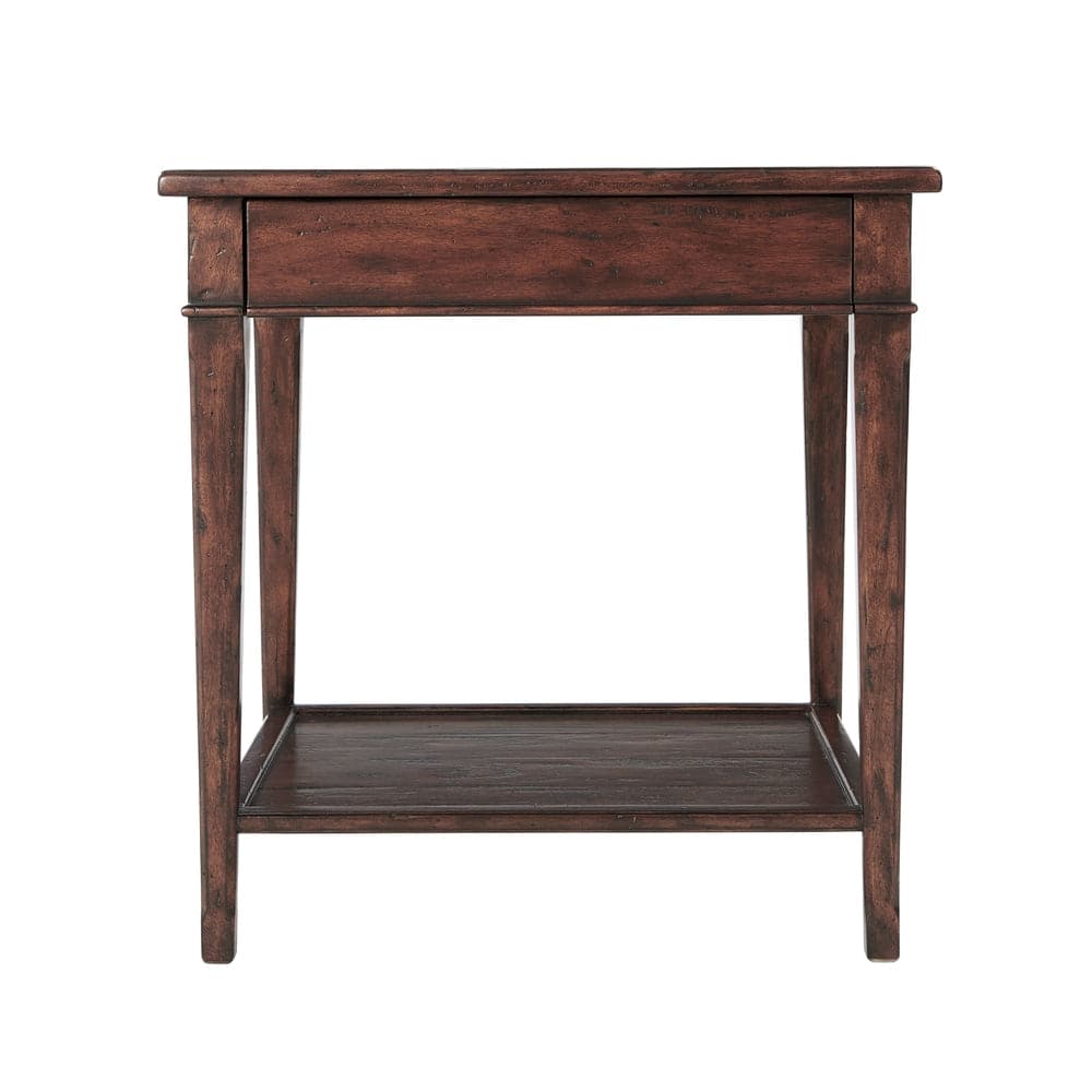 Alternate view of The Castle Guest Side Table, featuring distressed, wood, and single integrated drawer.