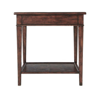 Additional view of The Castle Guest Side Table, featuring distressed, wood, and single integrated drawer.