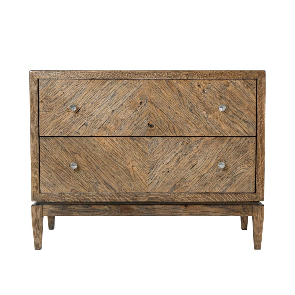 Thaxton Nightstand, shown in medium brown and warm taupe with wood, metal, and two full-width drawers.