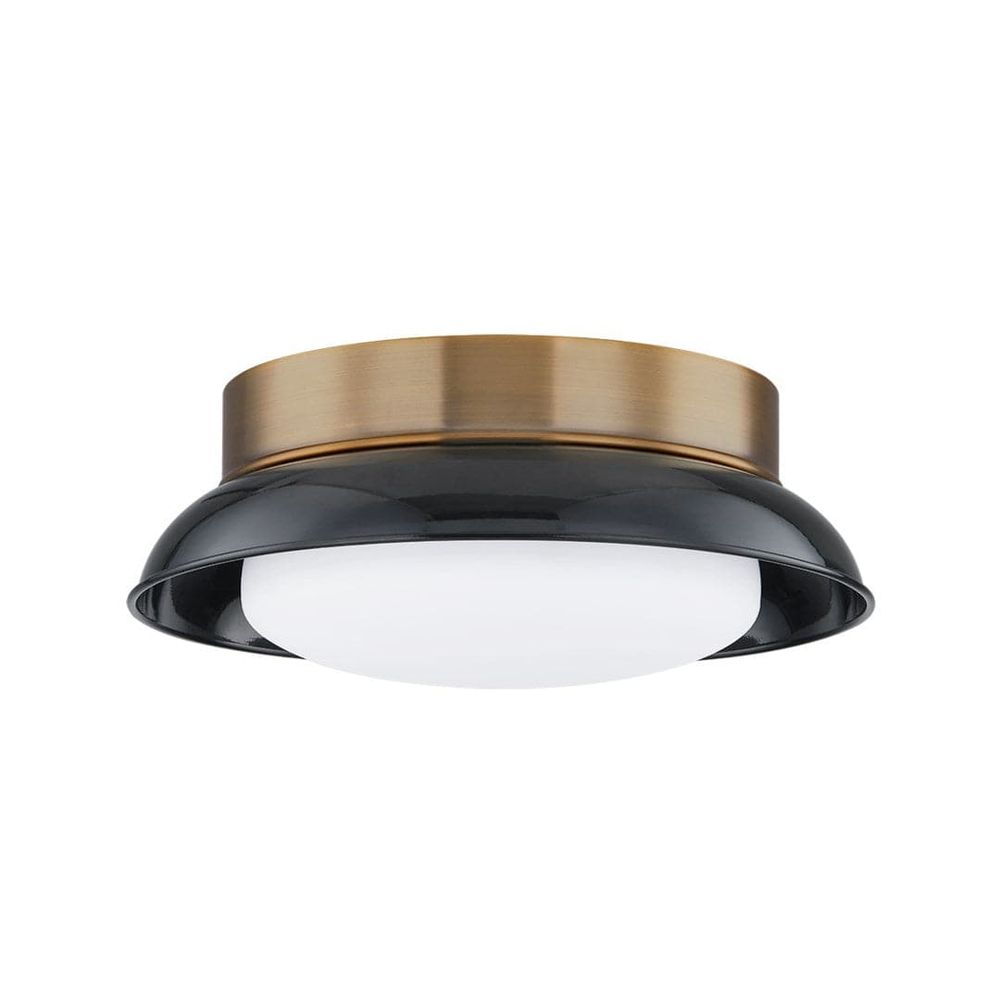 Arnie 2 Light Flush Mount, shown in brass and black with metal, glass, and a flush ceiling mount.