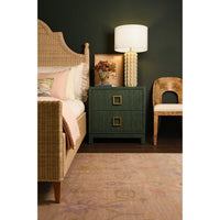 Two Drawer Side Table With Large Satin Brass Square Hardware In Green Dyed Grasscloth With Glass Top