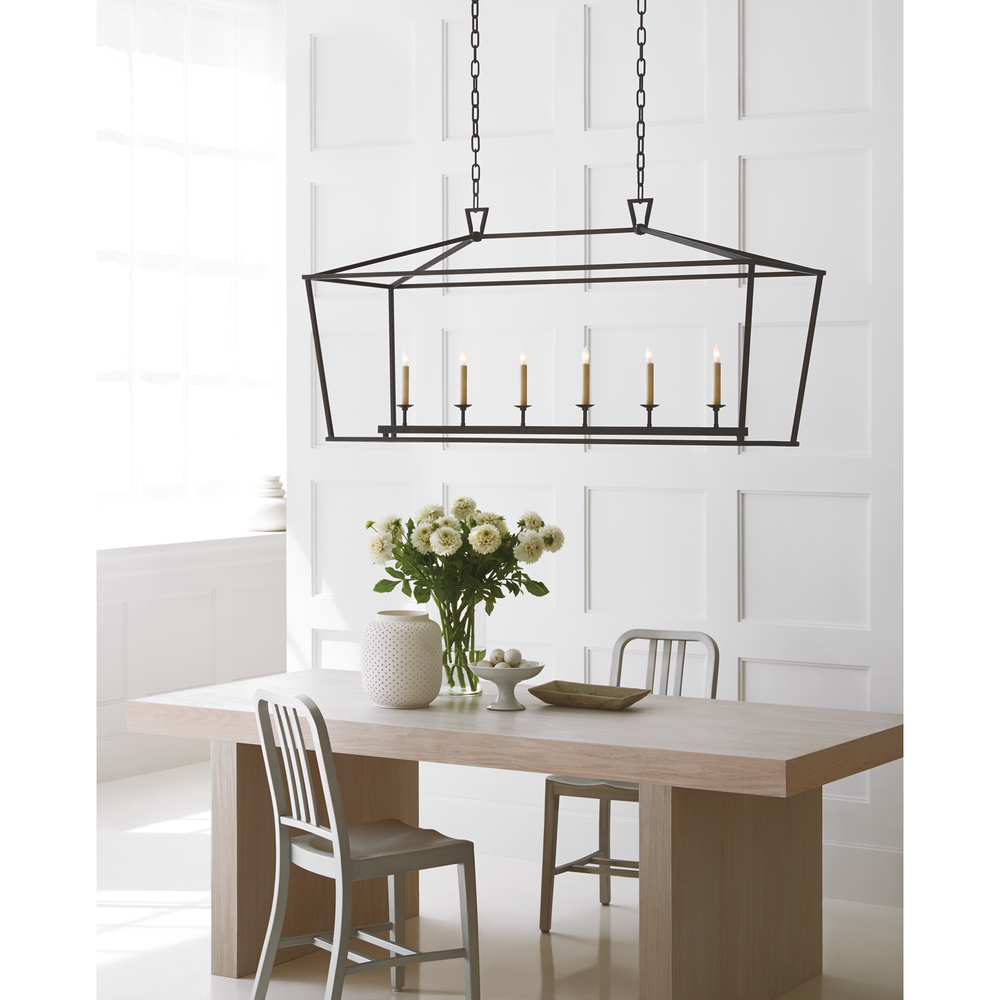 Alternate view of Daylin Linear Lantern, featuring textured finish, metal, and dual chain suspension.