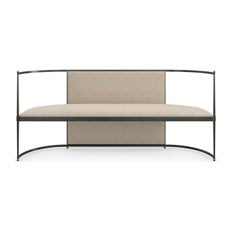 Bordeaux Bench, shown in beige and black with fabric, metal, and fixed open tubular arms.