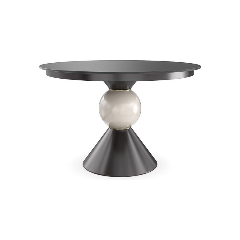 Goblet Dining Table, shown in charcoal gray and cream with wood, glass or high-gloss lacquer, and a round pedestal base.