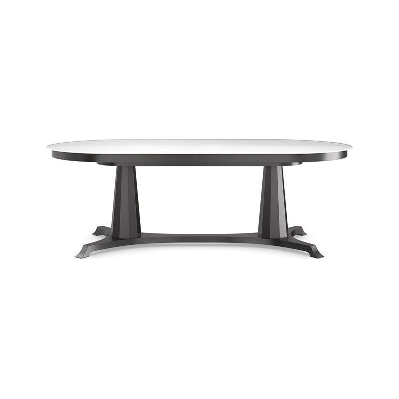 Champagne Dining Table, shown in white and dark charcoal with stone or solid-surface top and wood base.