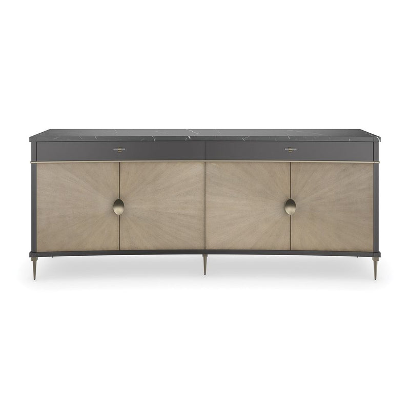 Shadow Black Marble Credenza, shown in black and charcoal with marble, wood, and a black marble top surface.