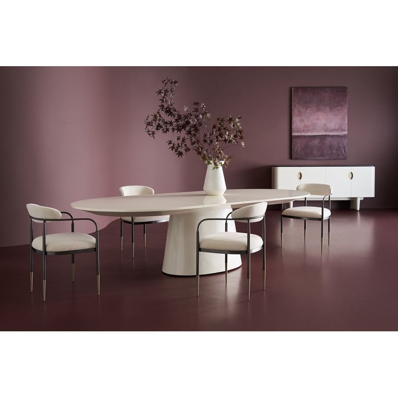 Alternate view of Eira Armchair, featuring brushed metallic ferrules, upholstery fabric, metal, and fixed arms.