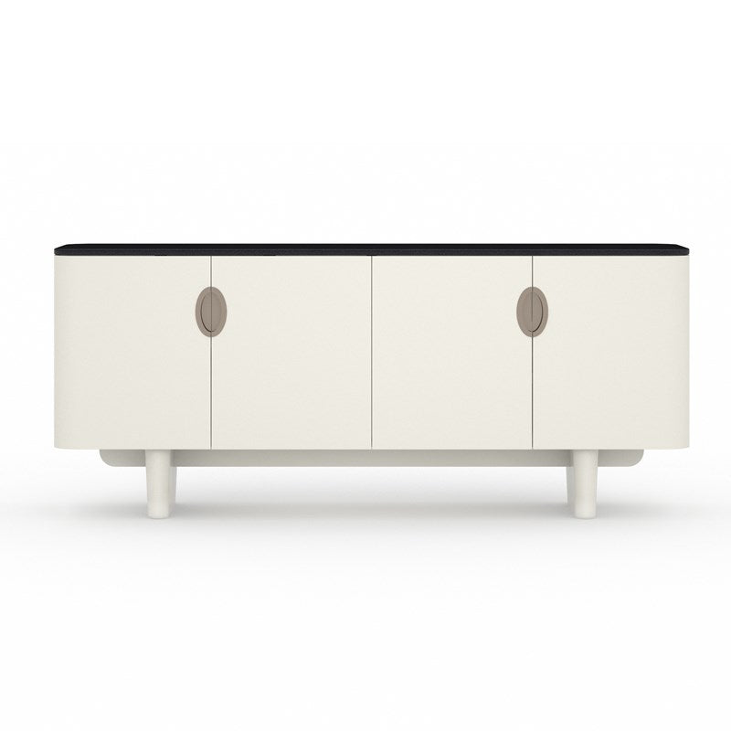 Preston Sideboard, shown in off-white and cream with lacquered wood, engineered wood, and four-door cabinet storage.