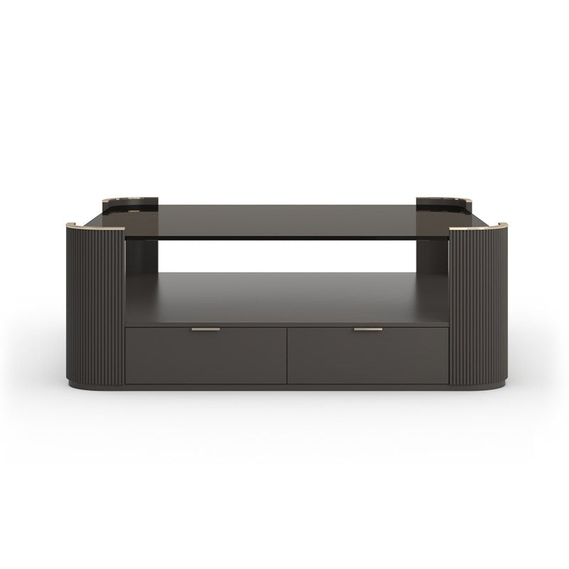 Lowell Square Cocktail Table, shown in charcoal brown and espresso with wood and glass.