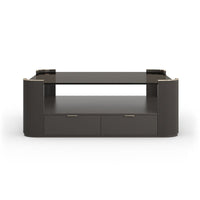 Lowell Square Cocktail Table, shown in charcoal brown and espresso with wood and glass.