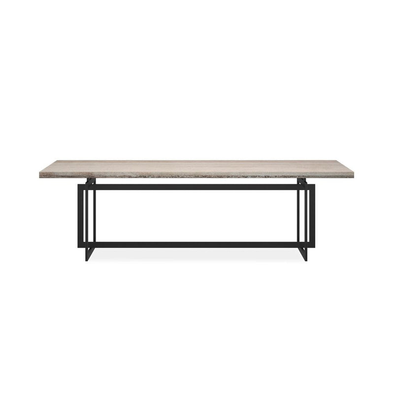 Alternate view of Postcard Dining Table, featuring natural stone, metal, and a expansive flat rectangular dining surface.