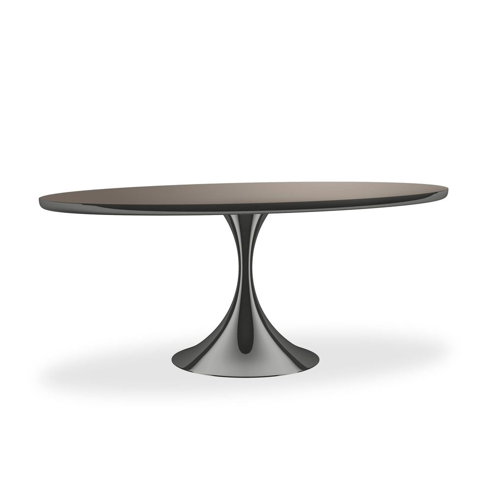 Sage Oval Dining Table, shown in dark gray and charcoal with wood, metal, and a single pedestal base.