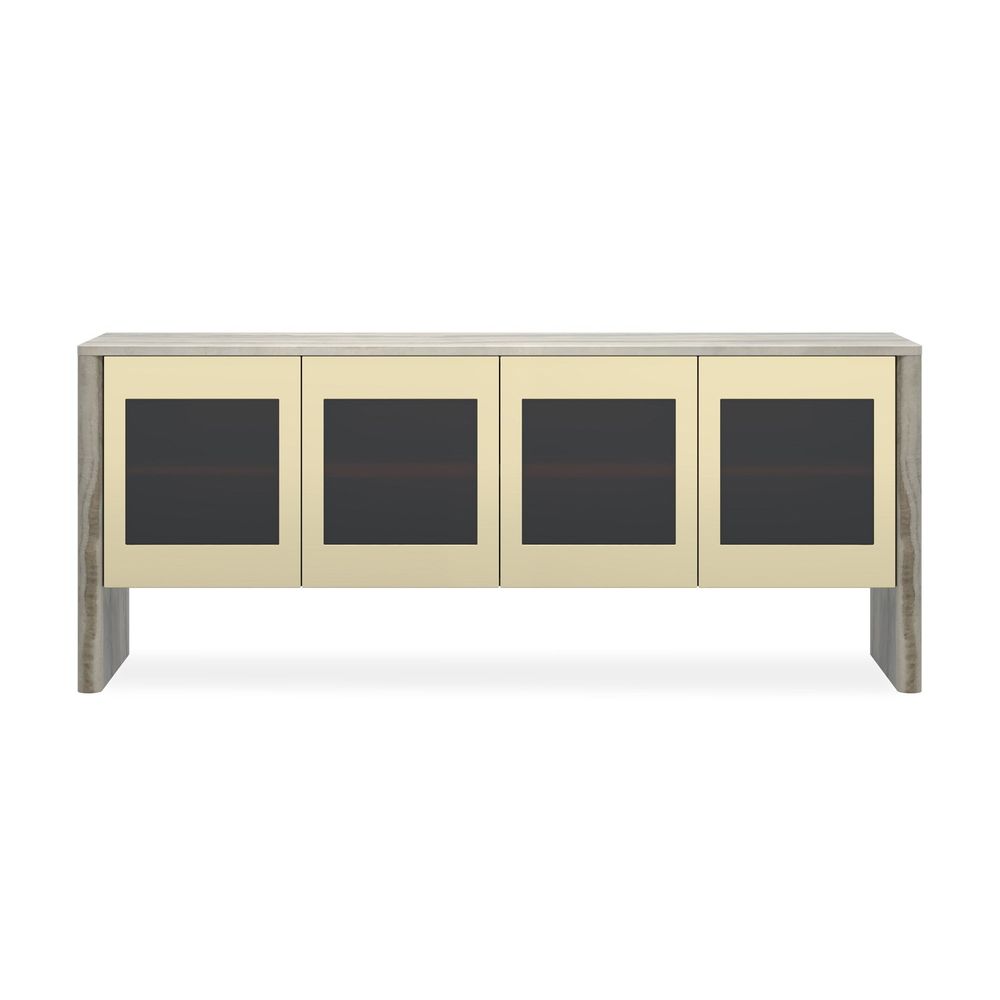 Prelude Sideboard, shown in cream and warm gray with natural stone and tinted glass.