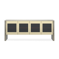 Prelude Sideboard, shown in cream and warm gray with natural stone and tinted glass.