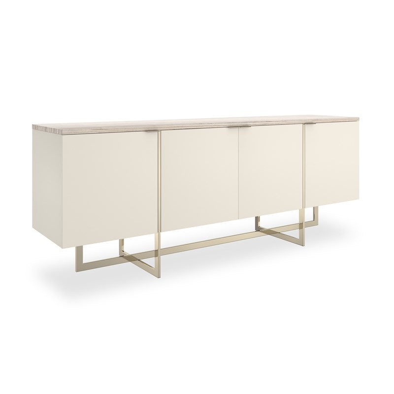 Wyra Sideboard, shown in cream and light wood with wood, metal, and four-door storage cabinet.