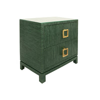 Two Drawer Side Table With Large Satin Brass Square Hardware In Green Dyed Grasscloth With Glass Top.