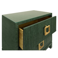 Side Tables Two Drawer Side Table With Large Satin Brass Square Hardware In Green Dyed Grasscloth With Glass Top