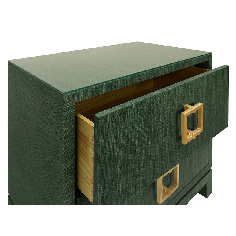 Two Drawer Side Table With Large Satin Brass Square Hardware In Green Dyed Grasscloth With Glass Top