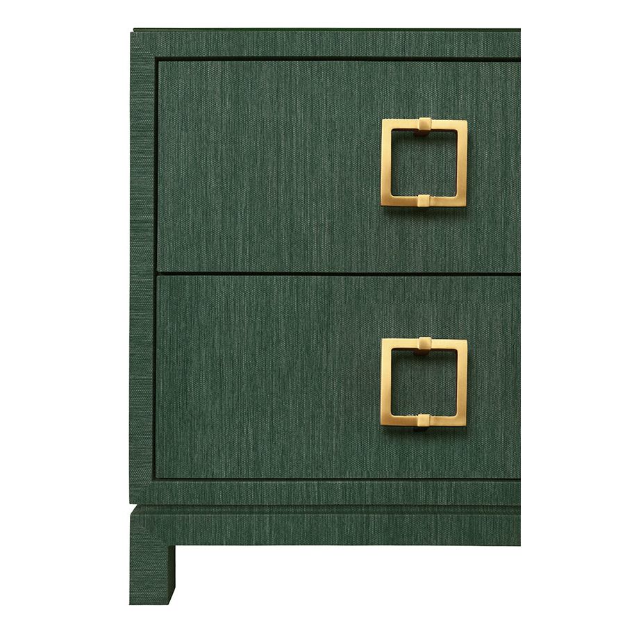 Two Drawer Side Table With Large Satin Brass Square Hardware In Green Dyed Grasscloth With Glass Top