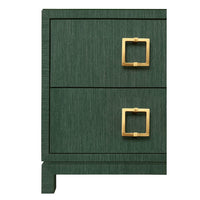 Two Drawer Side Table With Large Satin Brass Square Hardware In Green Dyed Grasscloth With Glass Top