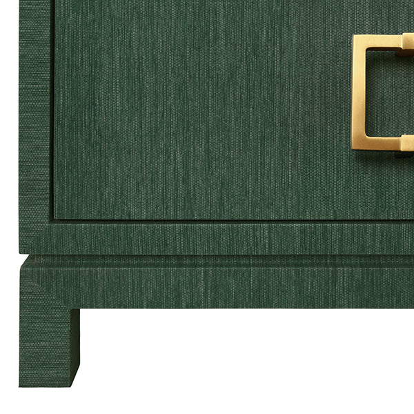 Two Drawer Side Table With Large Satin Brass Square Hardware In Green Dyed Grasscloth With Glass Top.